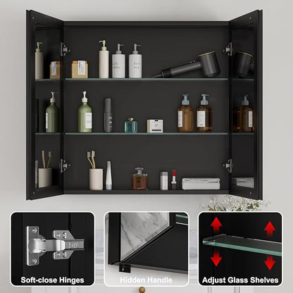 30x30 Inch Medicine Cabinet with Mirror, Aluminum Bathroom Mirror Cabinet, Beveled Edge Mirrored Double Door, Adjustable Shelves, Surface or Recessed Mount Mirrors with Storage,Black