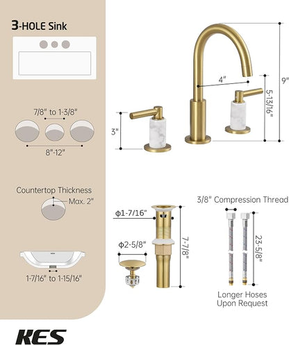 KES Natural Italian Carrara Marble Brushed Gold Bathroom Faucet 3 Hole with All Metal Pop Up Sink Drain, 8 Inch Widespread Bathroom Sink Faucet for Vanity, 360° Swivel Spout, 18/8 Stainless Steel