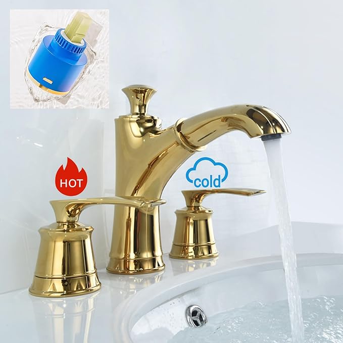 BiaoTeng Faucet for Bathroom Sink Pull Down Three Hole Hot and Cold Brass Double Handle Bathroom Faucets for Sink 3 Hole Pull Out Gold