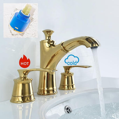 BiaoTeng Faucet for Bathroom Sink Pull Down Three Hole Hot and Cold Brass Double Handle Bathroom Faucets for Sink 3 Hole Pull Out Gold