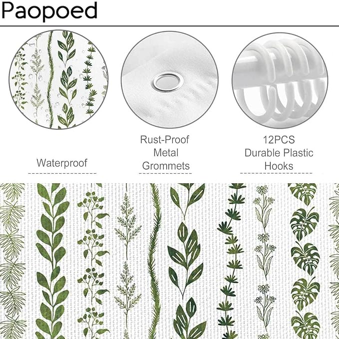 Boho Shower Curtain Waterproof Fabric Bath Curtain with Hooks 72x72 inch，Sage Green Modern Farmhouse Bathroom Decor