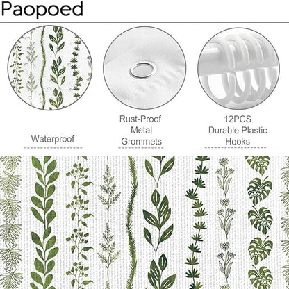 Boho Shower Curtain Waterproof Fabric Bath Curtain with Hooks 72x72 inch，Sage Green Modern Farmhouse Bathroom Decor