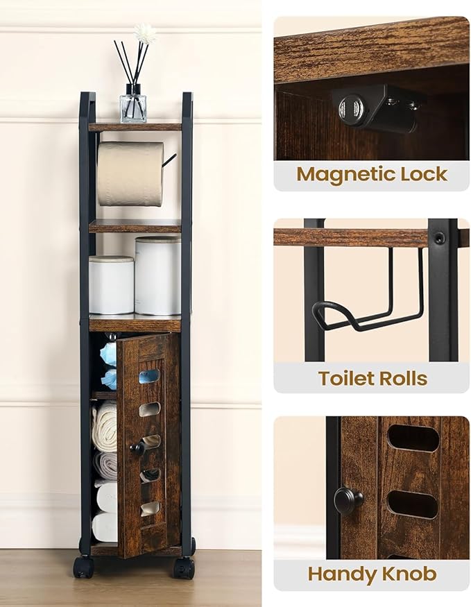 Bathroom Storage Cabinet - Toilet Paper Storage Cabinet, Small Toilet Paper Holder with 4 Wheels, Bathroom Organizer with Adjustable Shelf, for Small Spaces, Rustic Brown BC04601X