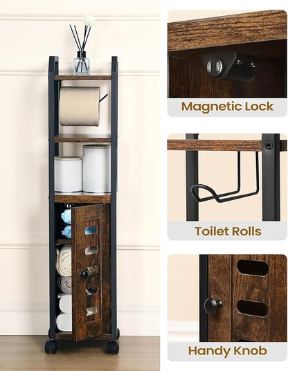 Bathroom Storage Cabinet - Toilet Paper Storage Cabinet, Small Toilet Paper Holder with 4 Wheels, Bathroom Organizer with Adjustable Shelf, for Small Spaces, Rustic Brown BC04601X