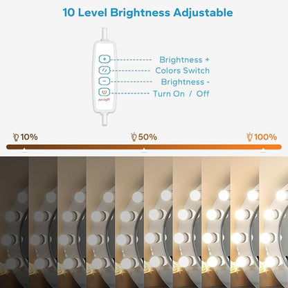 LED Vanity Lights For Mirror, Vanity Lights Stick on with 10 Dimmable Bulbs | 3000K 4000K 6500K & 10 Level Brightness Adjustable, USB Cable, Hollywood Mirror Lights for Makeup Dressing Room Bathroom