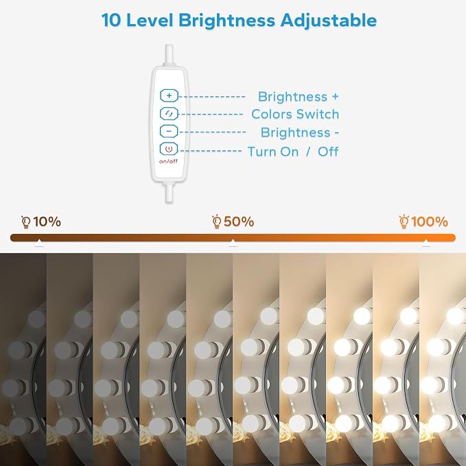 LED Vanity Lights For Mirror, Vanity Light Stick on with 10 Dimmable Bulbs | 3000K 4000K 6500K & 10 Level Brightness Adjustable, USB Cable, Hollywood Mirror Lights for Makeup Dressing Room Bathroom