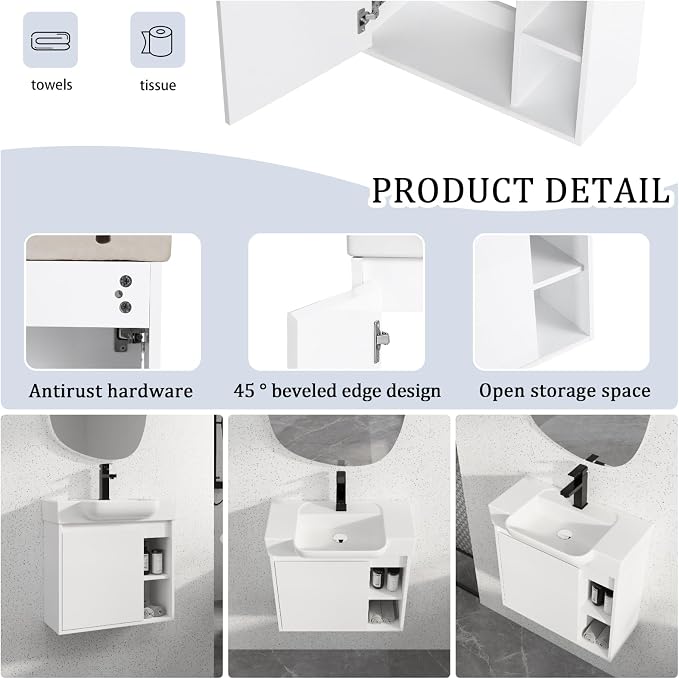 24" Bathroom Vanity with Ceramic Sink, Farmhouse Cabinet, White | Ceramic Sink, Soft-Close Door, Interior Compartment and 2-Tier Open Side Shelves, 45° Inclined Edge Handle