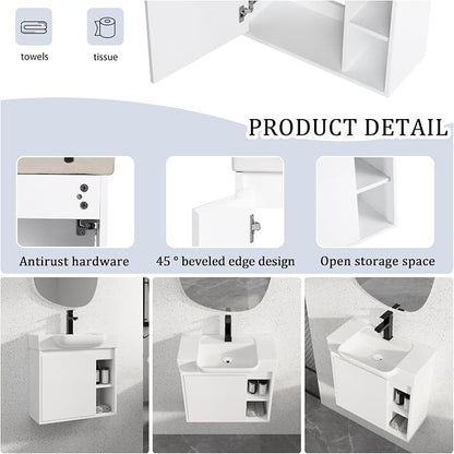 24" Bathroom Vanity with Ceramic Sink, Farmhouse Cabinet, White | Ceramic Sink, Soft-Close Door, Interior Compartment and 2-Tier Open Side Shelves, 45° Inclined Edge Handle