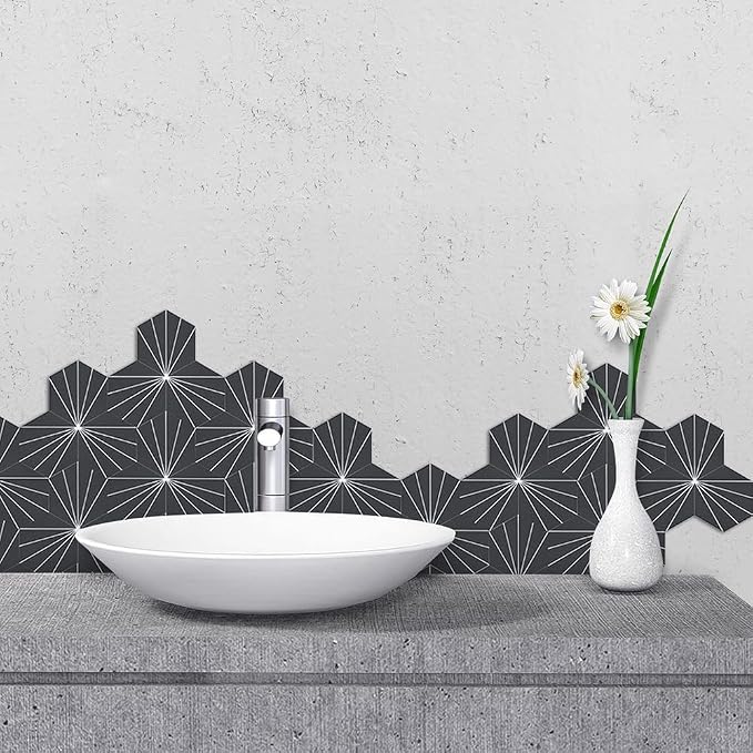 AULIGET Flower Vintage Hexagon Tile Peel and Stick Backsplash, 6"x7" Self Adhesive Wall Tiles in Grey (Pack of 45)