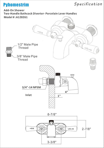 Clawfoot Add-A-Shower Bathcock Diverter,Shower Attachment for Tub Faucet,Bathtub Faucet with Porcelain Lever Handles and Ceramic Disc Cartridges,¾ MIP Inlet,Chrome