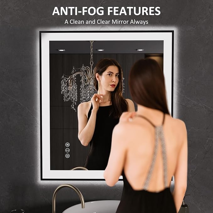LOAAO 32"X36" LED Bathroom Mirror Black Framed | Anti-Fog, Dimmable, Memory Function, Tempered Glass, Lighted Vanity Mirror for Wall