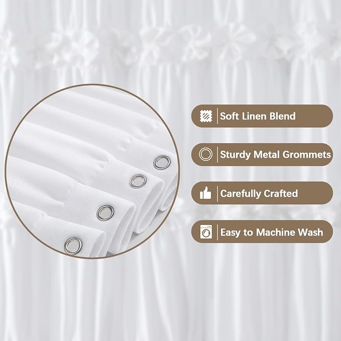 Cute White Ruffle Shower Curtain Vintage Farmhouse Linen 72" W x 90" H | Linen Blend Fabric, Ruffle Bow and Ruffled Hem，Linen Texture，Machine Washable，12 Metal Holes and Plastic Hooks