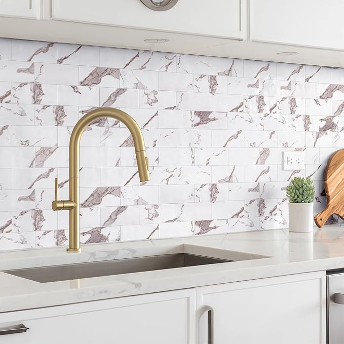 StyloVue 100 Pieces Peel and Stick Backsplash for Kitchen, 3" x 6" PVC Subway Tile 2026 Upgraded White Marble with Gold Accent Backsplash Stick on Tile Elevate Kitchen Fireplace RV