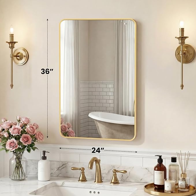NEWBULIG Bathroom Mirror 24X36 Inch, Vanity Mirror for Wall | Rectangle Rounded Corners, Metal Frame Over Sink, Entryway Bedroom Hang, Horizontal or Vertical, Gold