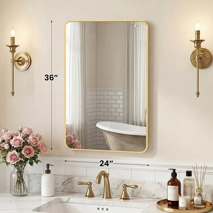 NEWBULIG Bathroom Mirror 24X36 Inch, Vanity Mirror for Wall | Rectangle Rounded Corners, Metal Frame Over Sink, Entryway Bedroom Hang, Horizontal or Vertical, Gold