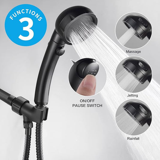 High Pressure Handheld Shower Head with ON/OFF Pause Switch, 3 Spray Modes Shower Wand with Shut Off Button, Removable Camper Shower Head with Hose and Adjustable Angle Bracket (Black) | 3 Spray Modes Shower Wand with Shut Off Button, Camper & RV Showe...