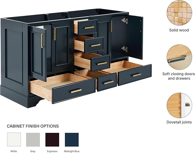 ARIEL Stafford 60-inch Bathroom Vanity Base Cabinet,Solid Wood, 4 Soft Closing Doors, 6 Dovetail Drawers, Satin Brass, Midnight Blue