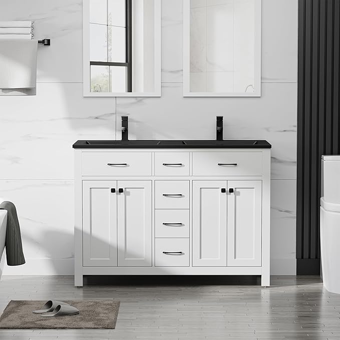 LUCKWIND 48" Modern Bathroom Vanity and Black Sink, Painted Bathroom Storage Cabinet with Double Black Sink, Four Doors and Three Drawers, Include Faucet Without Mirror, White