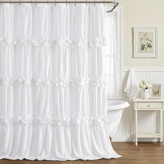 Cute White Ruffle Shower Curtain Vintage Farmhouse Linen 72" W x 90" H | Linen Blend Fabric, Ruffle Bow and Ruffled Hem，Linen Texture，Machine Washable，12 Metal Holes and Plastic Hooks