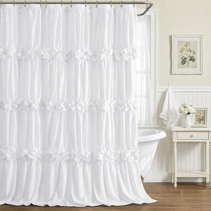 Cute White Ruffle Shower Curtain Vintage Farmhouse Linen 72" W x 90" H | Linen Blend Fabric, Ruffle Bow and Ruffled Hem，Linen Texture，Machine Washable，12 Metal Holes and Plastic Hooks