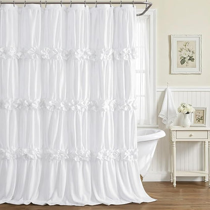 Cute White Ruffle Shower Curtain Vintage Farmhouse Linen 72" W x 78" H | Linen Blend Fabric, Ruffle Bow and Ruffled Hem，Linen Texture，Machine Washable，12 Metal Holes and Plastic Hooks
