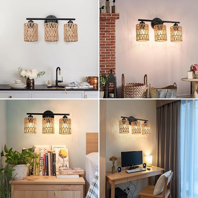 Frideko 3-Light Bathroom Vanity Light Fixtures, Modern Rattan Bathroom Lighting Fixtures Over Mirror, Boho Wall Sconces with Woven Lampshade, Black Wall Lamp for Farmhouse Living Room Bedroom