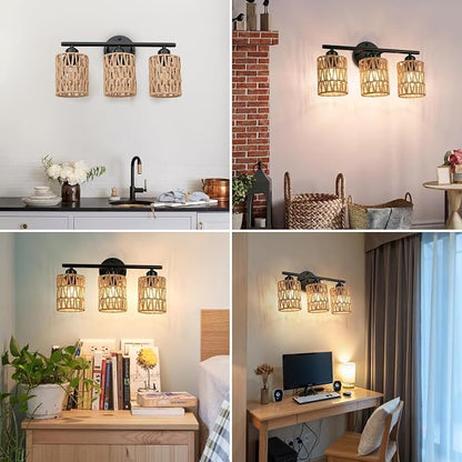 Frideko 3-Light Bathroom Vanity Light Fixtures, Modern Rattan Bathroom Lighting Fixtures Over Mirror, Boho Wall Sconces with Woven Lampshade, Black Wall Lamp for Farmhouse Living Room Bedroom