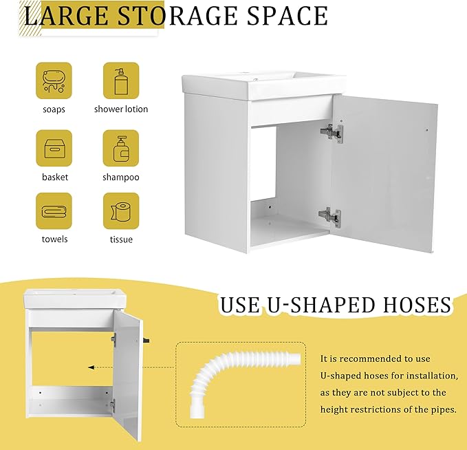 KEIKI 18'' Bathroom Vanity Cabinet with Sink, Wall Mounted Floating Bathroom Vanity with Soft-Close Cabinet Door, for Small Bathroom, Glossy White