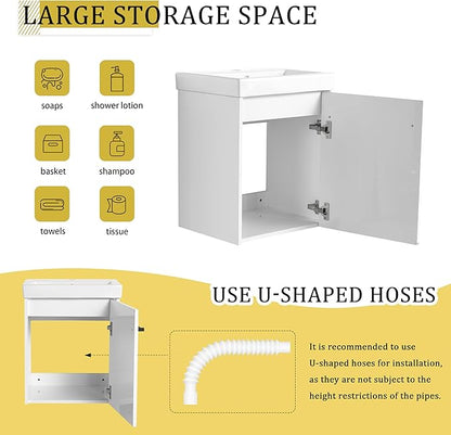 KEIKI 18'' Bathroom Vanity Cabinet with Sink, Wall Mounted Floating Bathroom Vanity with Soft-Close Cabinet Door, for Small Bathroom, Glossy White