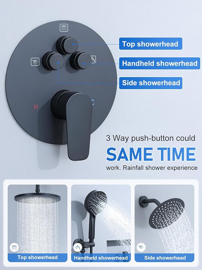 Woindo Shower Faucet Set 10" Rain Shower Head/8'' Side Shower Head and 3 Setting Handheld Ceiling Mount 3 Push Button Diverter Complete Rainfall Round Shower System Included Valve Trim Kit
