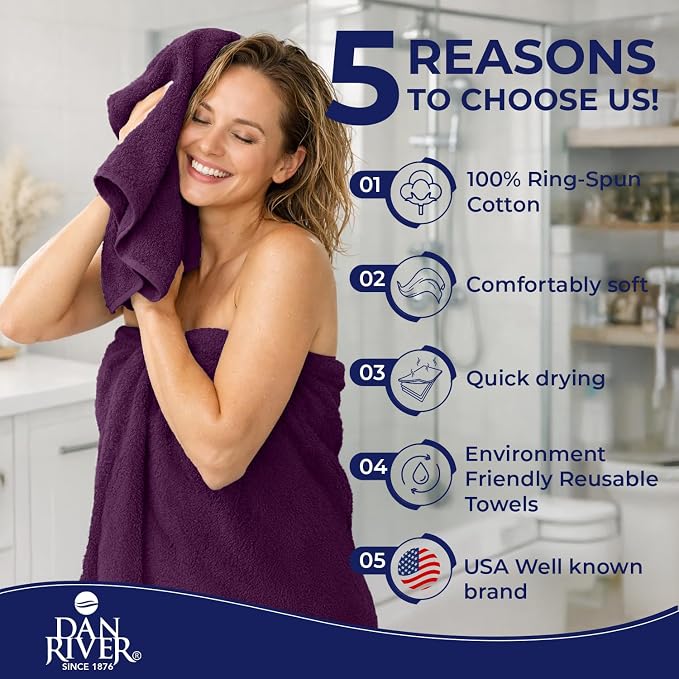 DAN RIVER 8 Piece Luxury Bath Towels for Bathroom, Towel Set, Purple | 2 Bath towels, 2 Hand towels, and 4 Wash Cloths, 600 GSM 100% Ring Spun Cotton, Highly Absorbent, Gym, Hotel, guest, and Spa