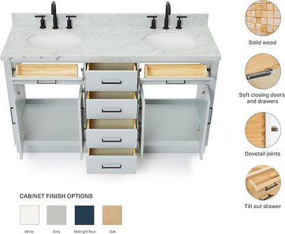 ARIEL Hepburn 60-inch Bathroom Vanity with Sink,Solid Wood, 1.5-inch Italian Carrara Marble Countertop & Backsplash, Double Oval Porcelain Sink, 4 Soft Closing Doors, 6 Dovetail Drawers, Grey