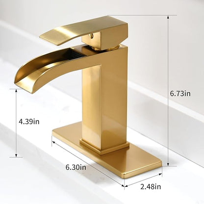Waterfall Bathroom Faucet Gold - Single Handle Sink Faucets Bathroom 1 Hole Or 3 Hole for 4In | Modern Solid Vanity Faucet with Deck Plate & Overflow Pop Up Drain Brushed Gold