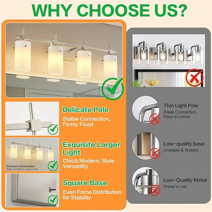 SOLFART 4 Light Bathroom Vanity Lights Over Mirror, Vintage Bathroom Lighting Brushed Nickel Wall Sconce with Milky White Glass Shade