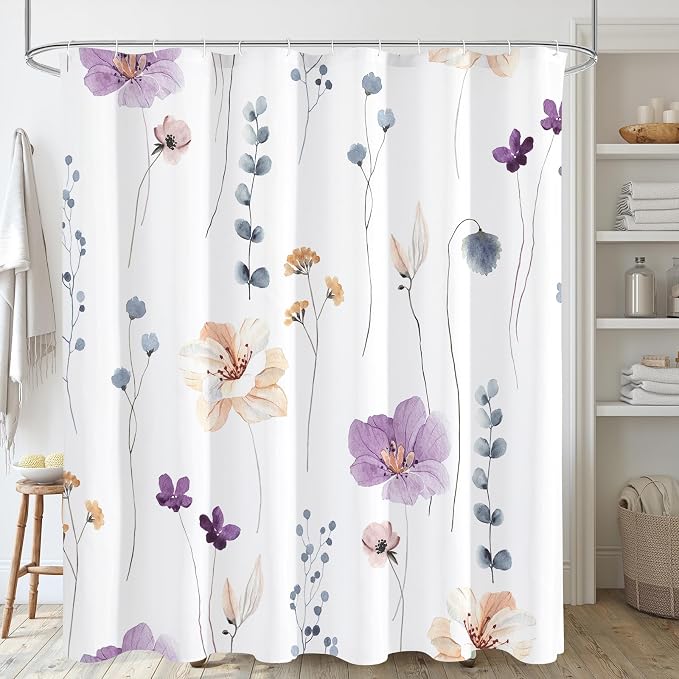 Purple Beige Watercolor Floral Fabric Shower Curtain, 72x84 | Waterproof Fabric, Modern Minimalist Floral Print, Machine Washable, Rustproof Grommets, Fade Resistant, for Bath Home