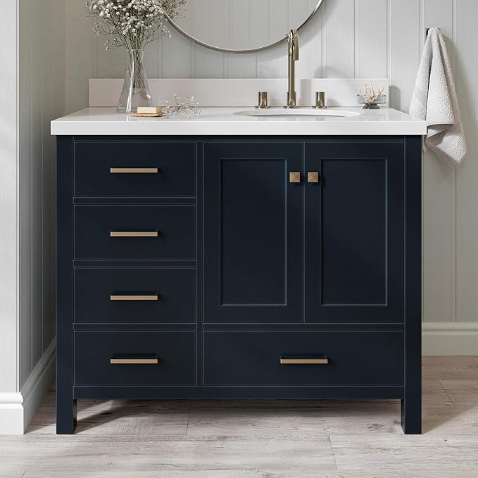 ARIEL Cambridge 42-inch Bathroom Vanity with Sink,Solid Wood, 1.5-inch Pure White Quartz Countertop & Backsplash, Single Oval Porcelain Sink, 2 Soft Closing Doors, 5 Dovetail Drawers, Midnight Blue