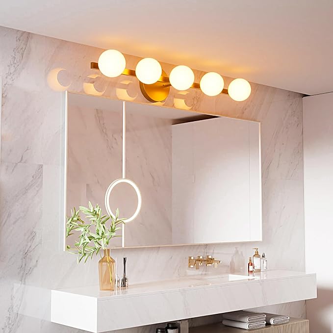 Lightdot 5 Light Bathroom Vanity Light, 31" Modern Gold Vanity Lights with Globe Water/Shatterproof PC Lampshade, Rust-Proof Bathroom Light Fixtures Over Mirror for Kitchen Hallway Cabinet Porch