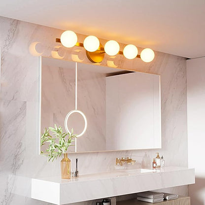 Lightdot 5 Light Bathroom Vanity Light, 31" Modern Gold Vanity Lights with Globe Water/Shatterproof PC Lampshade, Rust-Proof Bathroom Light Fixtures Over Mirror for Kitchen Hallway Cabinet Porch