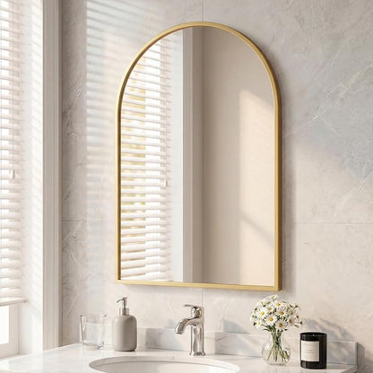 Arched Gold Bathroom Mirrors for Wall, 20x30-Inch Bathroom Mirror for Over Sink, Wall Vanity Mirror with Matte Metal Frame and HD Shatter-Proof Glass for Entryway, Living Room, Bedroom