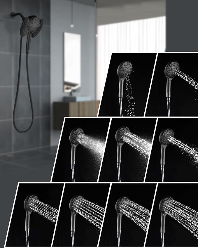 2 in 1 Shower Head with Handheld Combo High Pressure Black 2.5 GPM | 7.2" Rain Showerhead and 9 Spray Hand Held Shower, Adjustable Shower Angle, 59-inch Rotatable Stainless Steel Hose