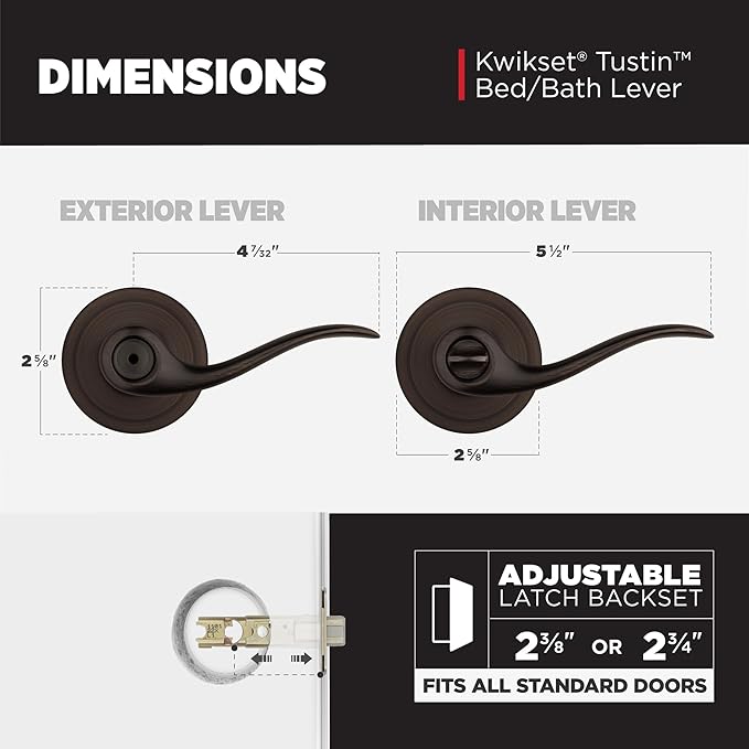 Kwikset Tustin Interior Privacy Door Handle with Lock, Metal, Door Lever For Bathroom and Bedroom, Venetian Bronze Reversible Keyless Turn Lock, with Microban Protection