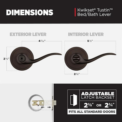 Kwikset Tustin Interior Privacy Door Handle with Lock, Metal, Door Lever For Bathroom and Bedroom, Venetian Bronze Reversible Keyless Turn Lock, with Microban Protection