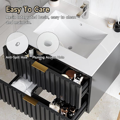 ONBRILL 24 Inch Bathroom Vanity with Sink Combo, Floating Bathroom Vanity with 2 Fluted Drawers & Metal Handle, Modern Wall Mount Storage Cabinet with Ceramic Integrated Sink for Small Space (Black)