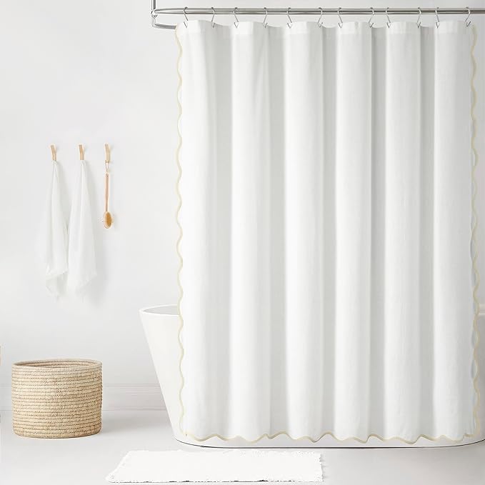 Lush Decor Coastal Chic Scallop Edge Linen-Textured Shower Curtain, Single 72" W x 72" L, Neutral & White - Scalloped Shower Curtains - Coastal Bathroom Curtain