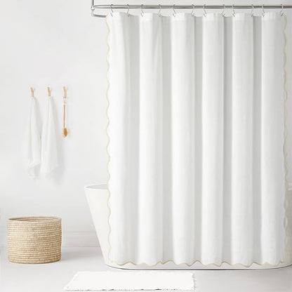 Lush Decor Coastal Chic Scallop Edge Linen-Textured Shower Curtain, Single 72" W x 72" L, Neutral & White - Scalloped Shower Curtains - Coastal Bathroom Curtain