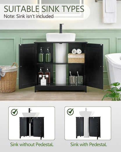 Bathroom Vanity Sink Cabinet, Under Sink Storage Cabinet with 2 Doors, Waterproof Pedestal Sink Cabinet for Bathroom, Laundry Room, Kitchen, Black with Adjustable Shelf