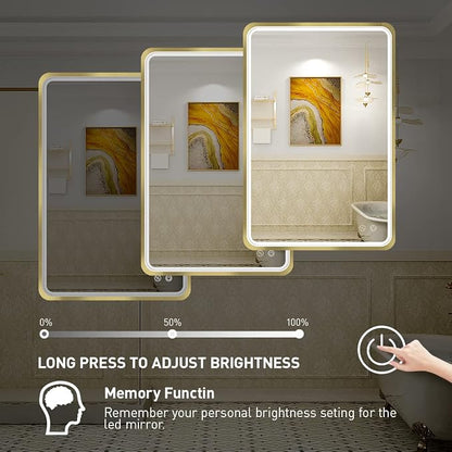LED 36x24 Inch Lighted Bathroom Mirror,Gold Frame,3 Color | ETL Listed,Anti-Fog,3000K/4500K/6000K Dimmable,Horizontal & Vertical,Wall Mounted,Memory Function,Ideal for Bathroom,Vanity