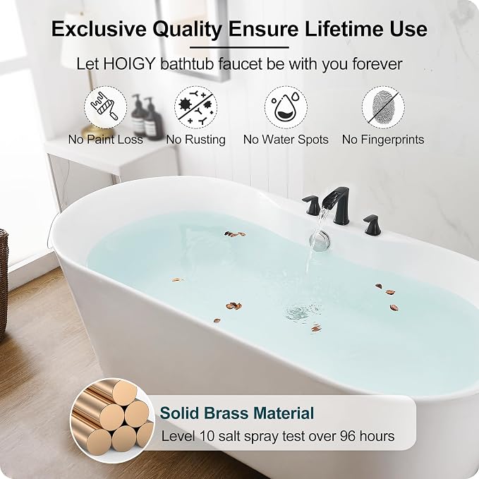Roman Waterfall Bathtub Faucets, Brass High Flow Bathtub Faucet 3 Hole 6-16 Inch Widespread Black Tub Faucet Set 2 Handle, Deck Mount Filler Bath Faucet for Tub with Supply Water Hose for Modern