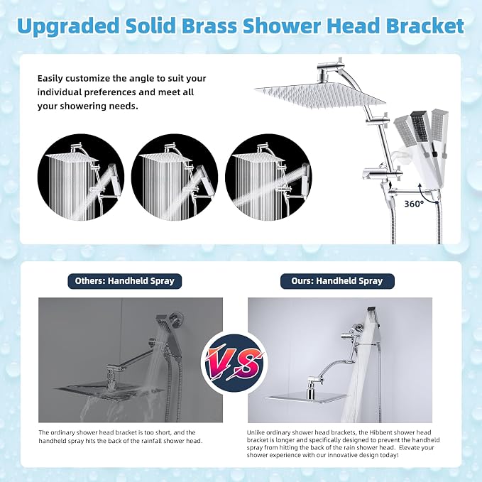 Hibbent All Metal CUPC Certified 10'' Rain Shower Head, Dual Shower Head Combo, High Pressure Handheld 4 Sprays Shower Wand, 16'' Adjustable Extension Arm, 71'' Hose, Shower Holder, Chrome