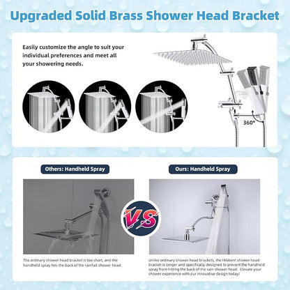 Hibbent All Metal CUPC Certified 10'' Rain Shower Head, Dual Shower Head Combo, High Pressure Handheld 4 Sprays Shower Wand, 16'' Adjustable Extension Arm, 71'' Hose, Shower Holder, Chrome